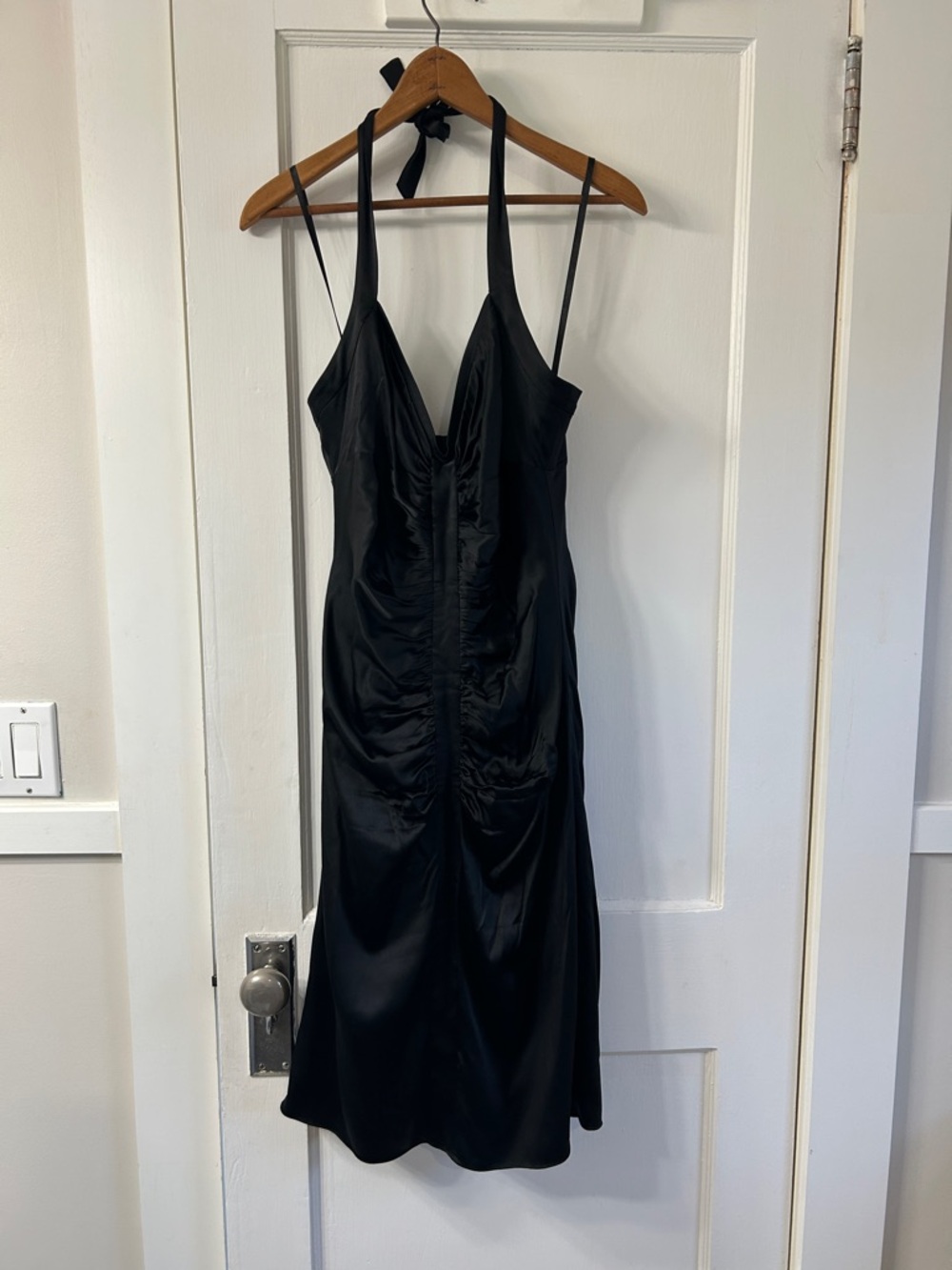 BCBGMaxAzria Black Satin Strapless Ruched Slip Dress